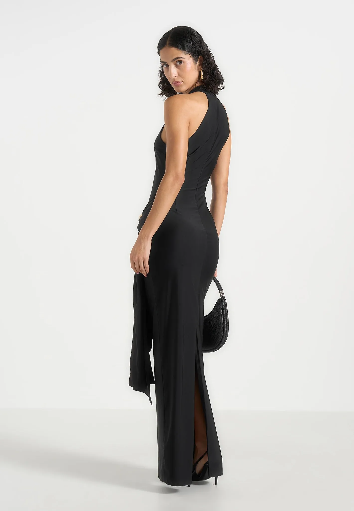 Willow - Halter Neck Clasp Detail Satin Sash Maxi Dress - Black sold by Maniere De Voir product image thumbnail 4