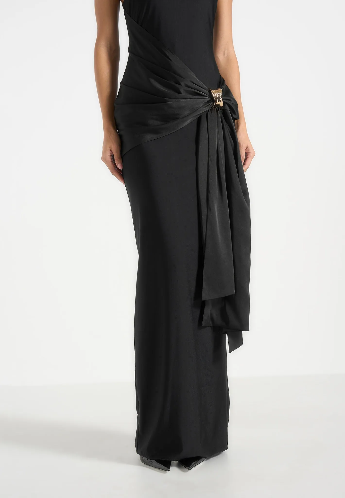 Willow - Halter Neck Clasp Detail Satin Sash Maxi Dress - Black sold by Maniere De Voir product image thumbnail 3