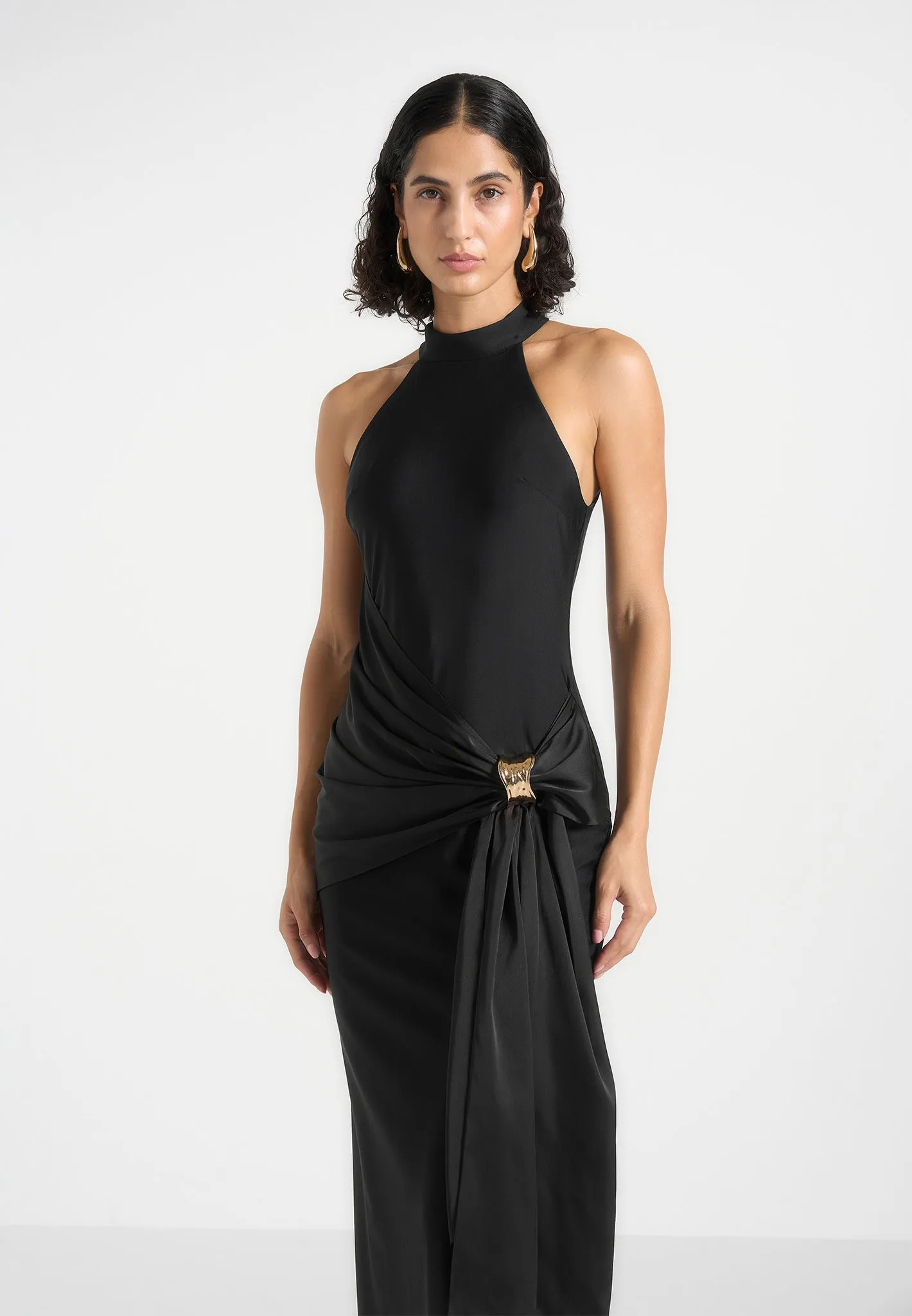 Willow - Halter Neck Clasp Detail Satin Sash Maxi Dress - Black sold by Maniere De Voir product image thumbnail 2