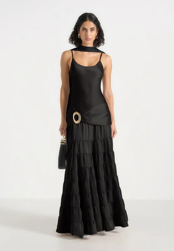 Naomi - Cami Satin Tiered Belted Maxi Dress - Black made by Maniere De Voir