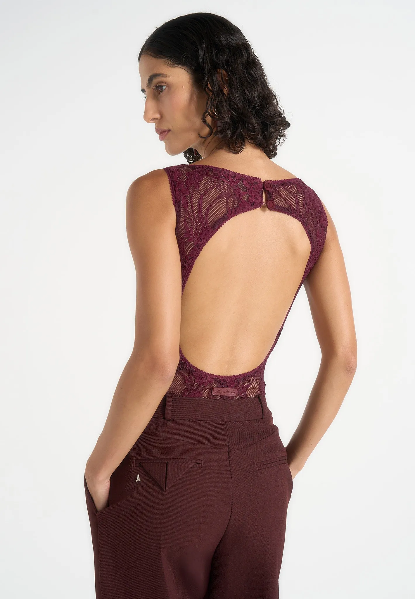 Rhonda - Open-Back Lace Bodysuit - Wine sold by Maniere De Voir product image thumbnail 2