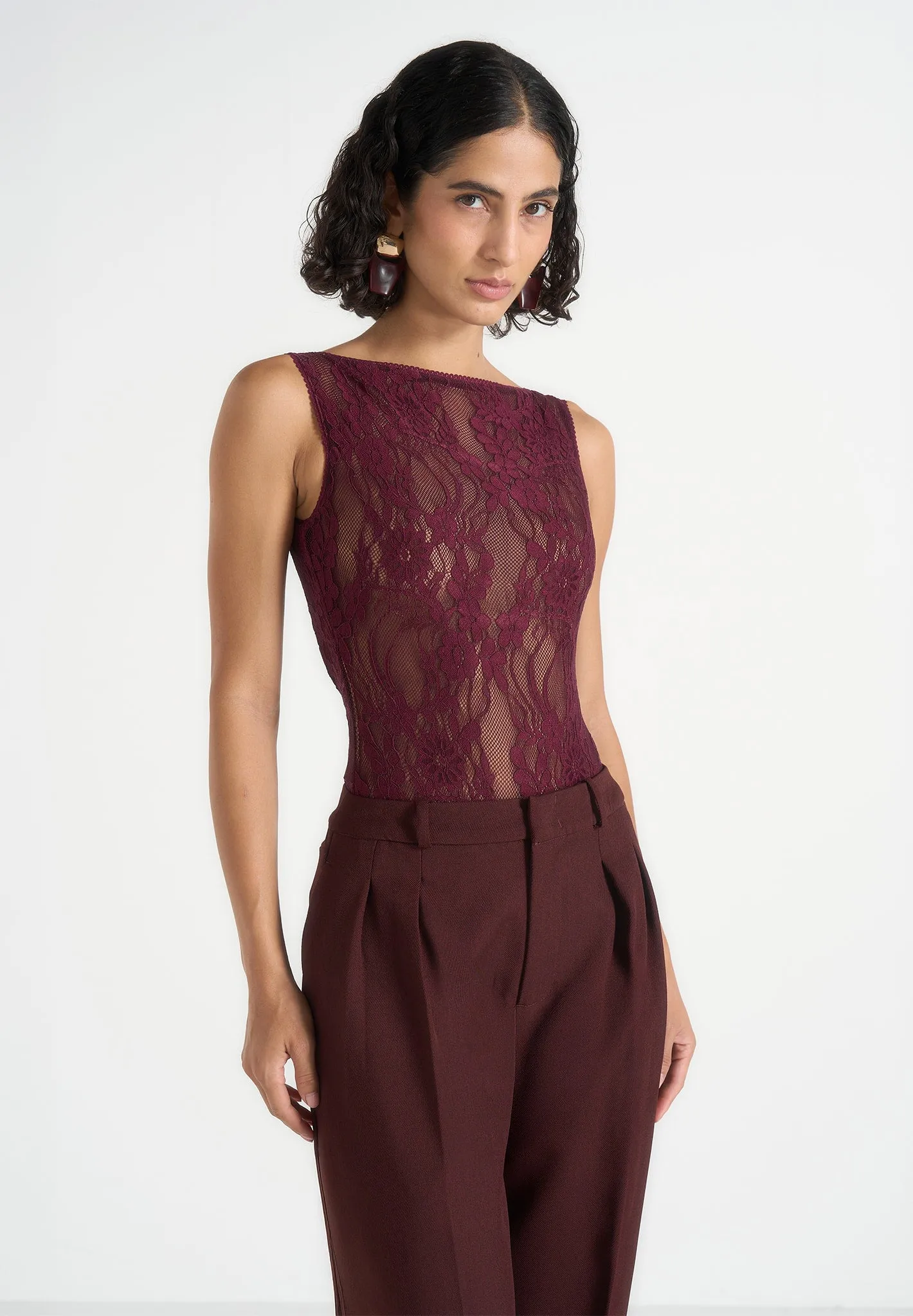 Rhonda - Open-Back Lace Bodysuit - Wine sold by Maniere De Voir product image thumbnail 4