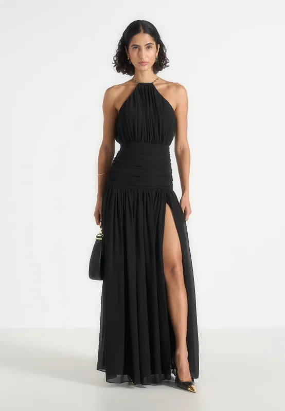Fabienne - Metallic Ruched Halterneck Maxi Dress - Black made by Maniere De Voir