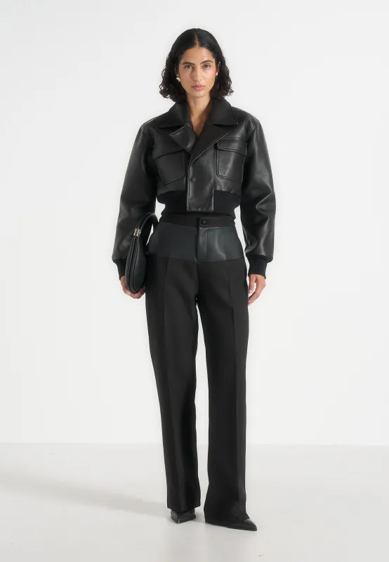 Cosette - Leather Lapel Bomber Jacket - Black made by Maniere De Voir