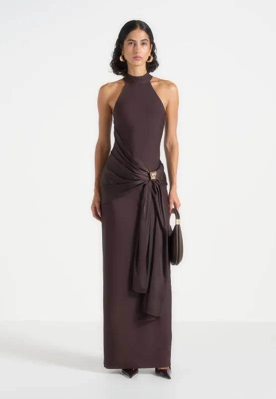 Willow - Halter Neck Clasp Detail Satin Sash Maxi Dress - Brown made by Maniere De Voir