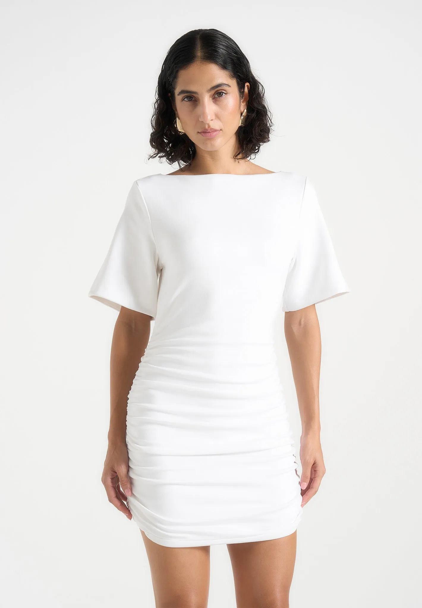 Summer - Ruched Open-Back Cotton T-Shirt Mini Dress - White sold by Maniere De Voir product image thumbnail 3