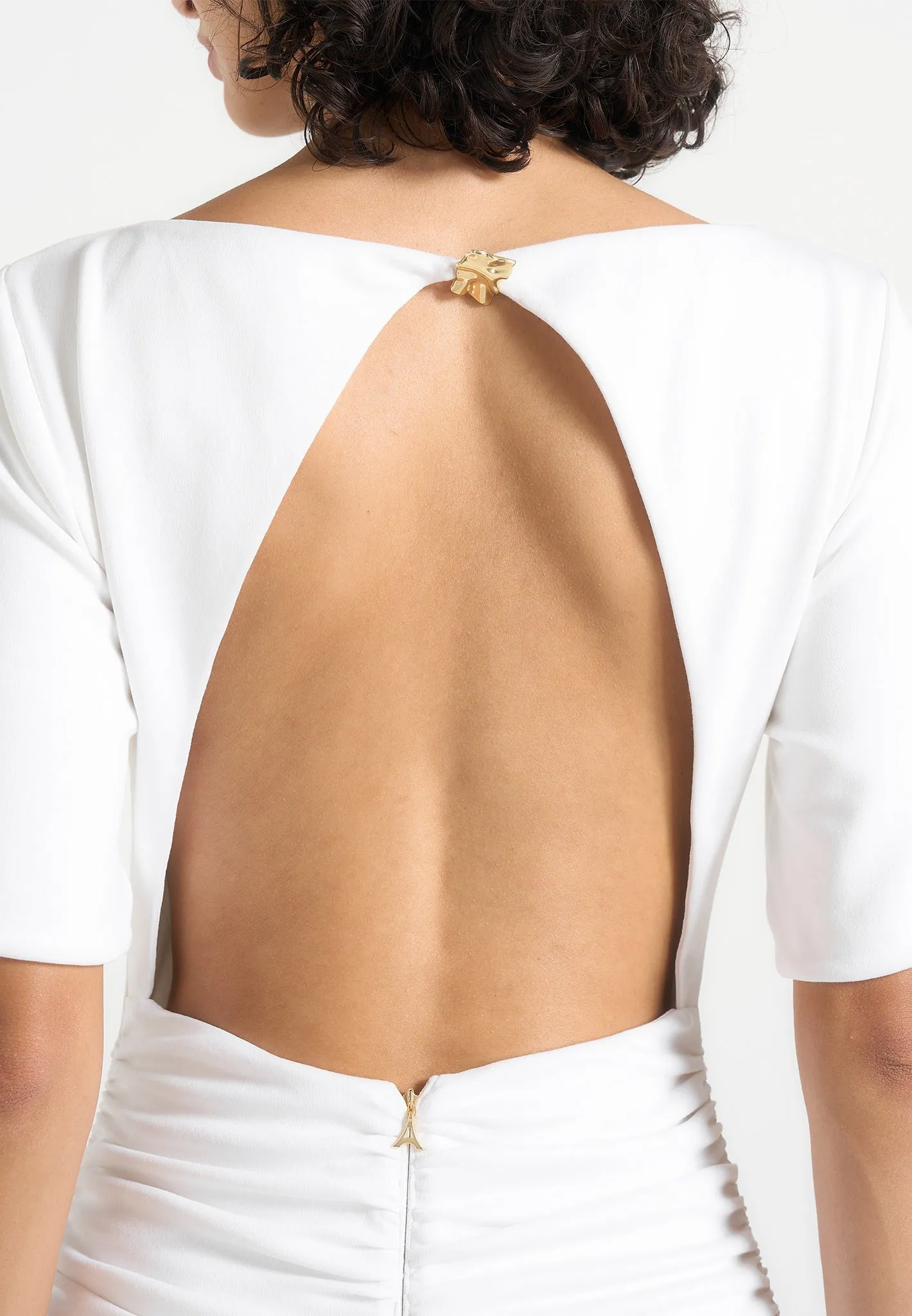Summer - Ruched Open-Back Cotton T-Shirt Mini Dress - White sold by Maniere De Voir product image thumbnail 5