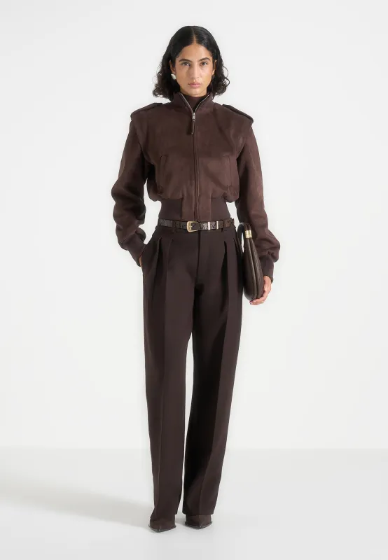 Delfina - Suede Layered-Shoulder Cropped Bomber Jacket - Brown made by Maniere De Voir