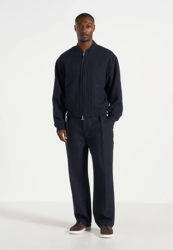 Leandro - Pinstripe Wool Bomber Jacket - Navy made by Maniere De Voir