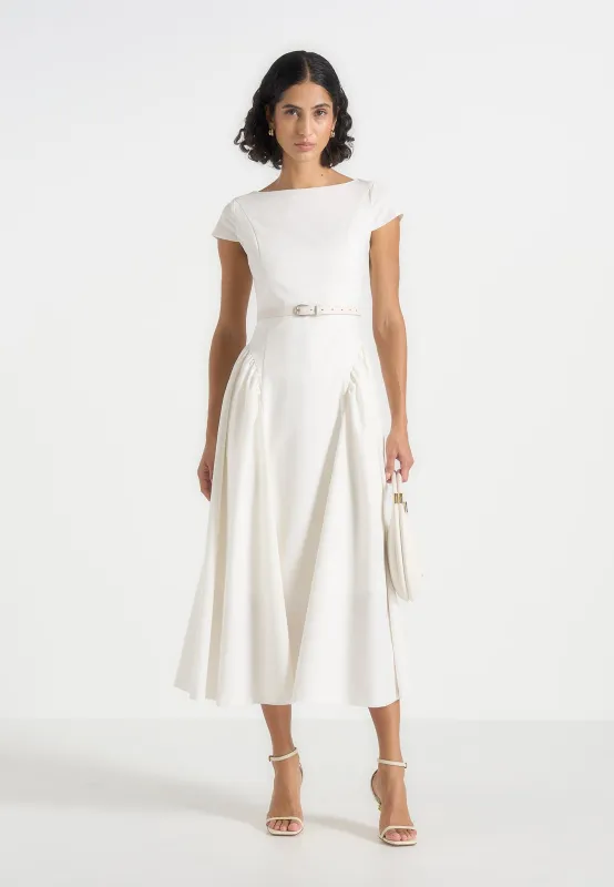 Gaia - Boat Neck Belted Pleated Midi Dress - White made by Maniere De Voir