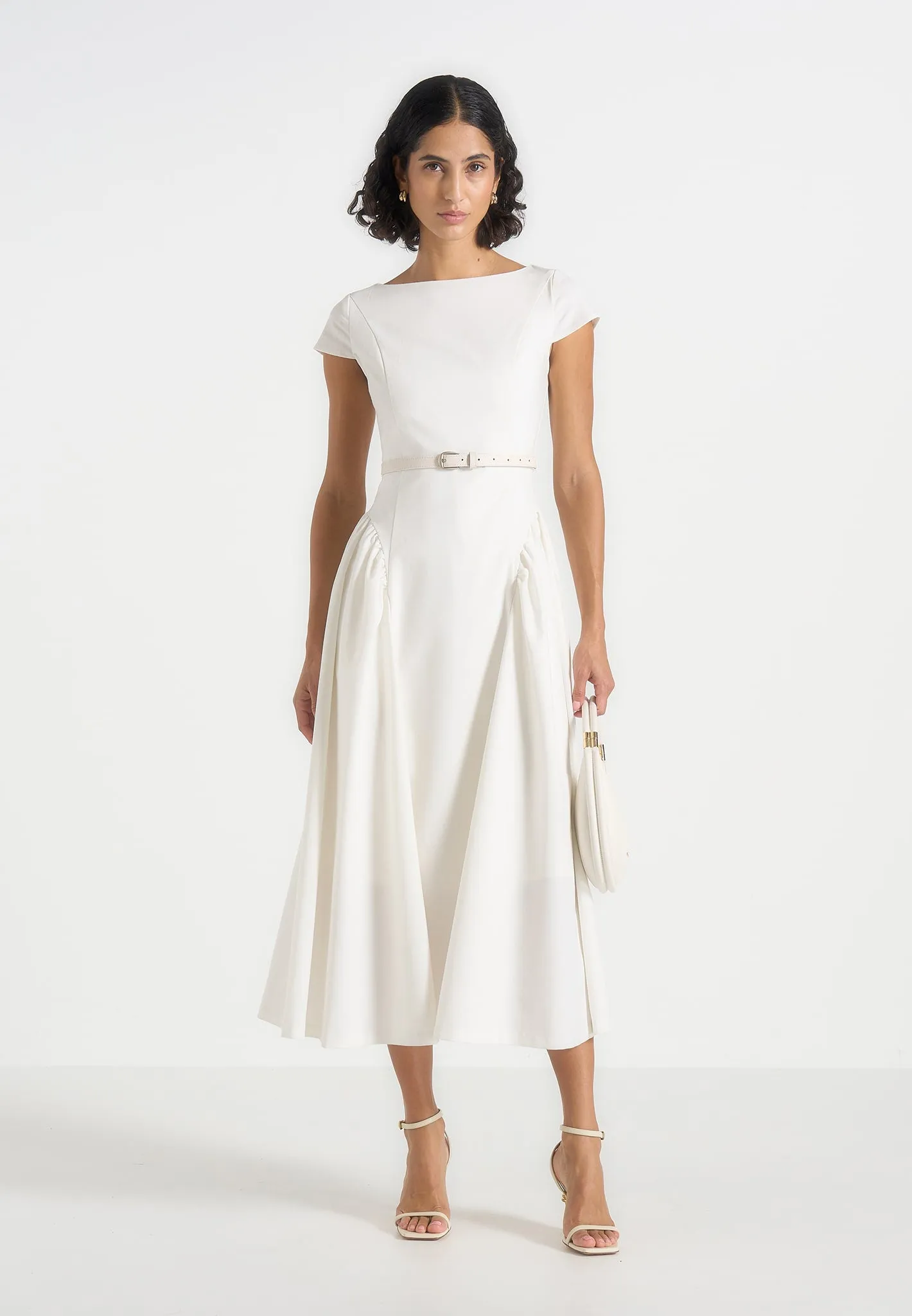 Gaia - Boat Neck Belted Pleated Midi Dress - White sold by Maniere De Voir