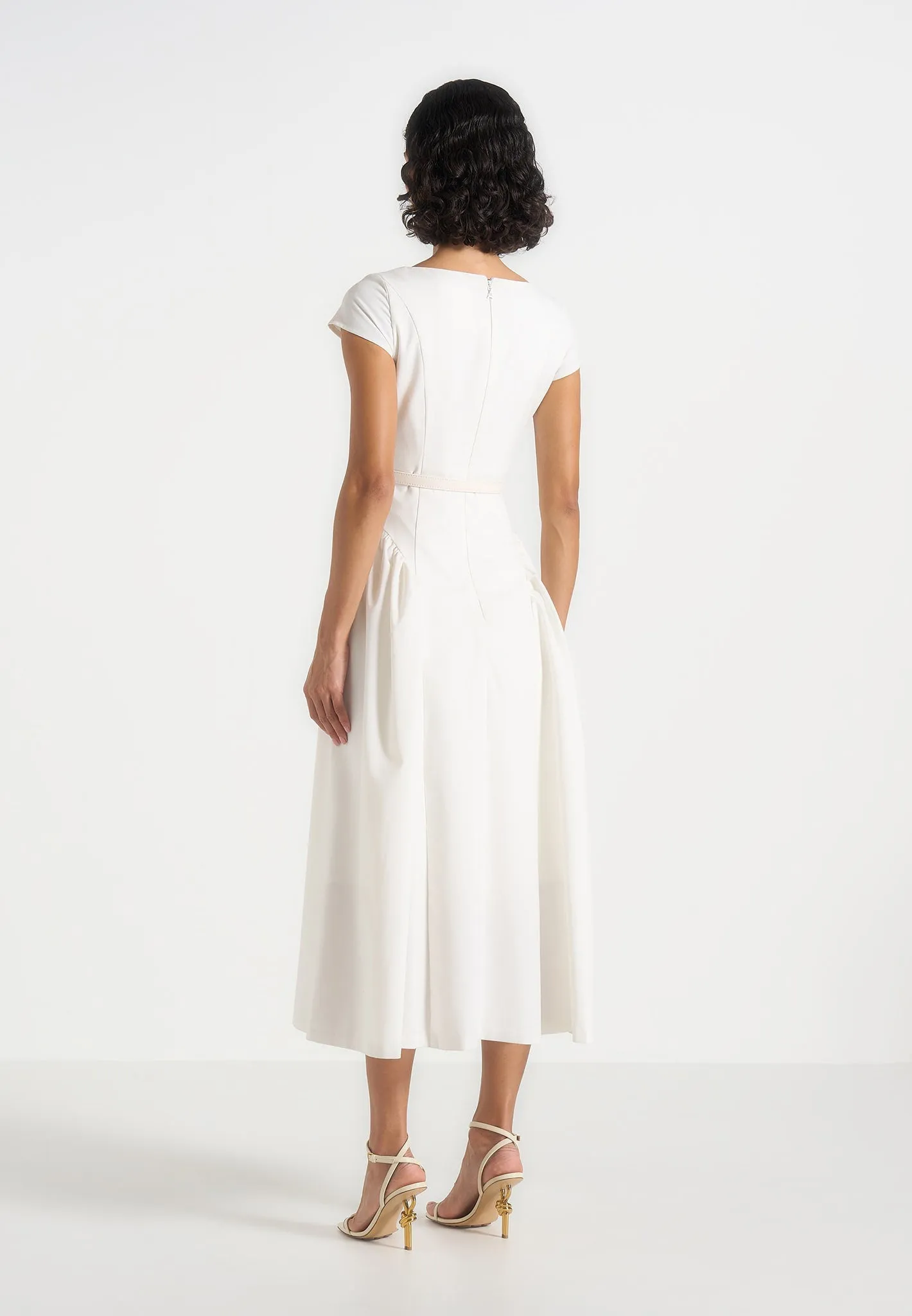 Gaia - Boat Neck Belted Pleated Midi Dress - White sold by Maniere De Voir product image thumbnail 5