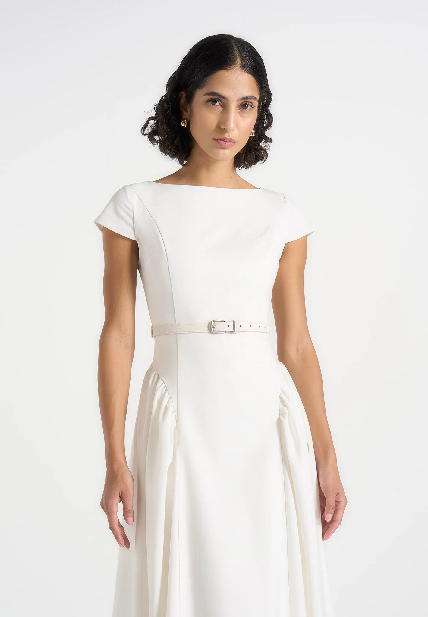 Gaia - Boat Neck Belted Pleated Midi Dress - White sold by Maniere De Voir product image thumbnail 4