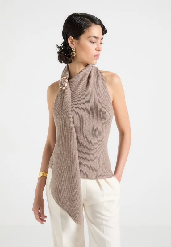 Elodie - Knitted Draped Halter Neck Top - Taupe made by Maniere De Voir
