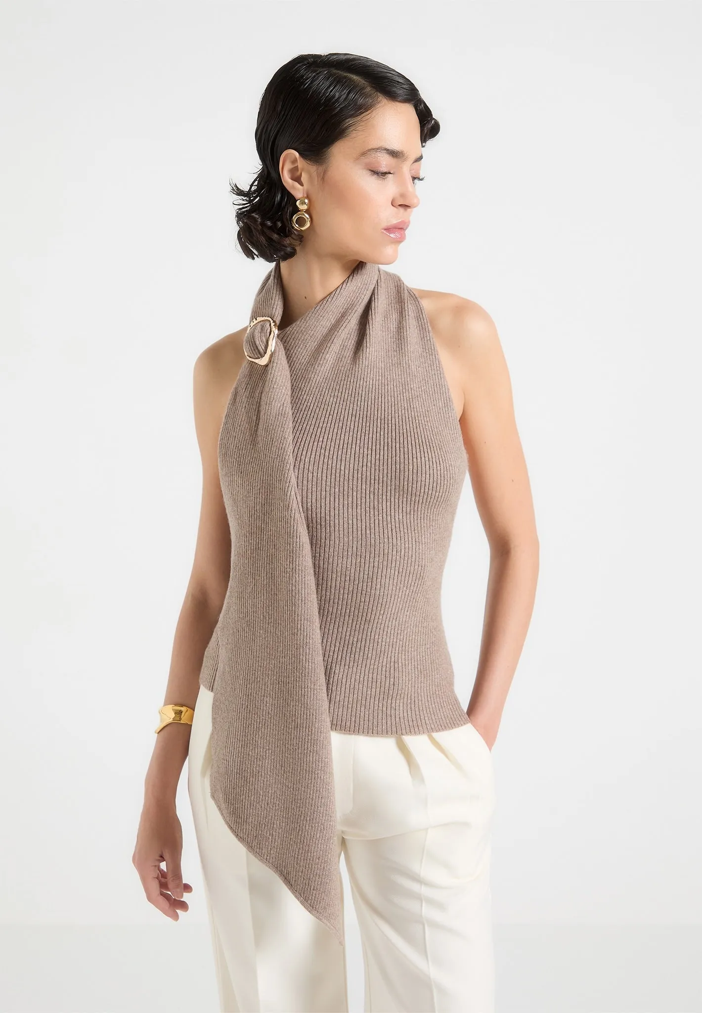 Elodie - Knitted Draped Halter Neck Top - Taupe sold by Maniere De Voir