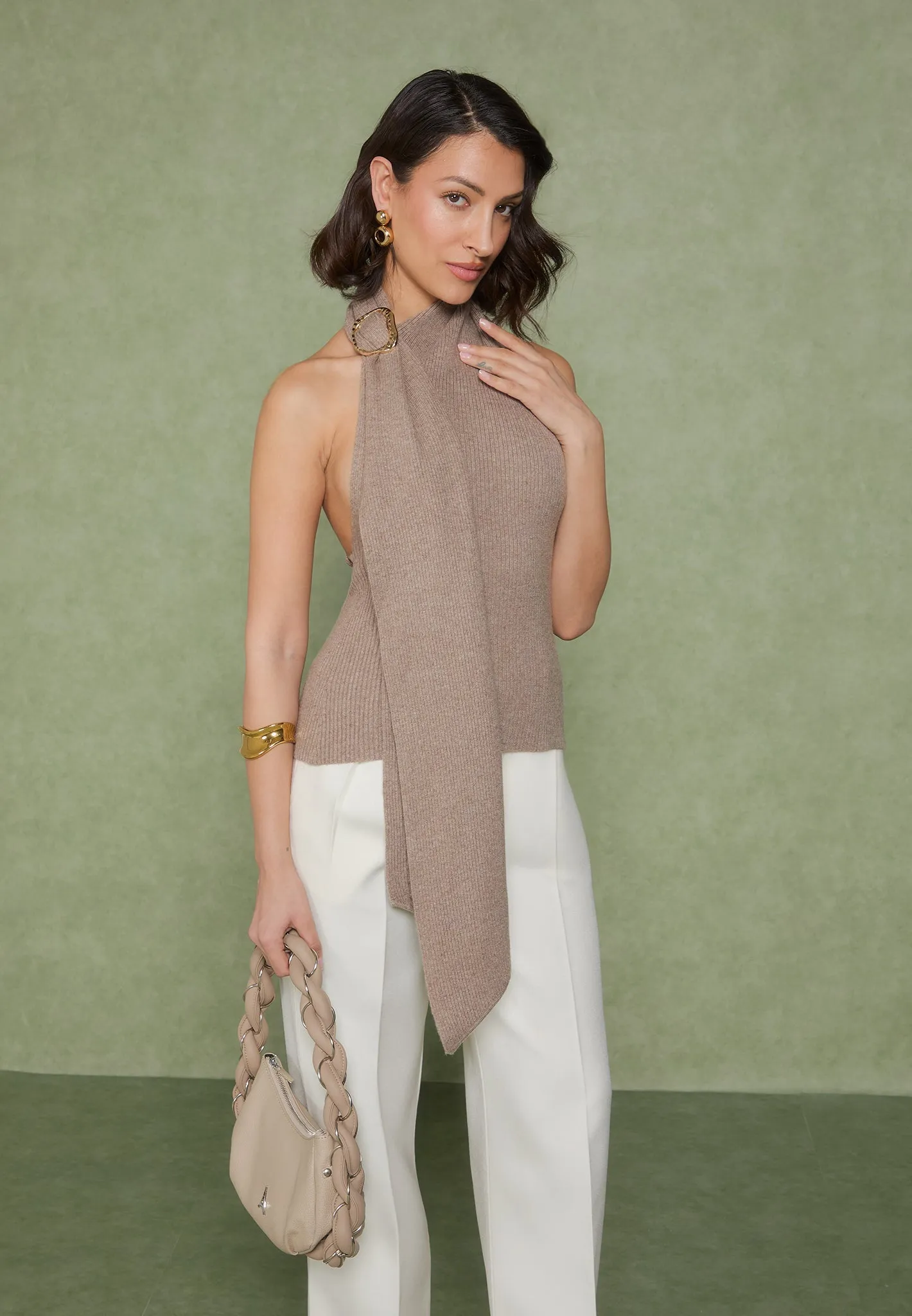 Elodie - Knitted Draped Halter Neck Top - Taupe sold by Maniere De Voir product image thumbnail 5