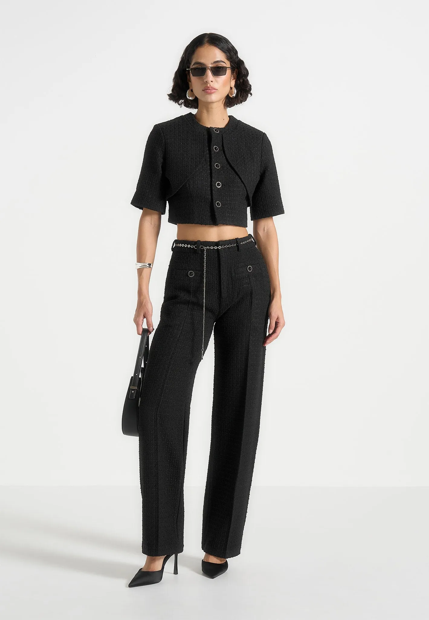 Alba - Tweed Mock Neck Curve Detailing Top - Black sold by Maniere De Voir product image thumbnail 2