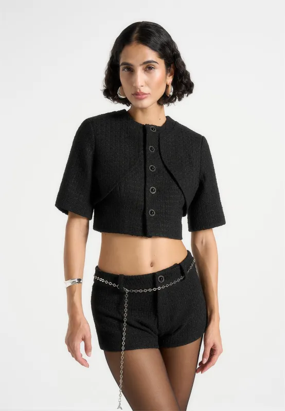 Alba - Tweed Mock Neck Curve Detailing Top - Black made by Maniere De Voir