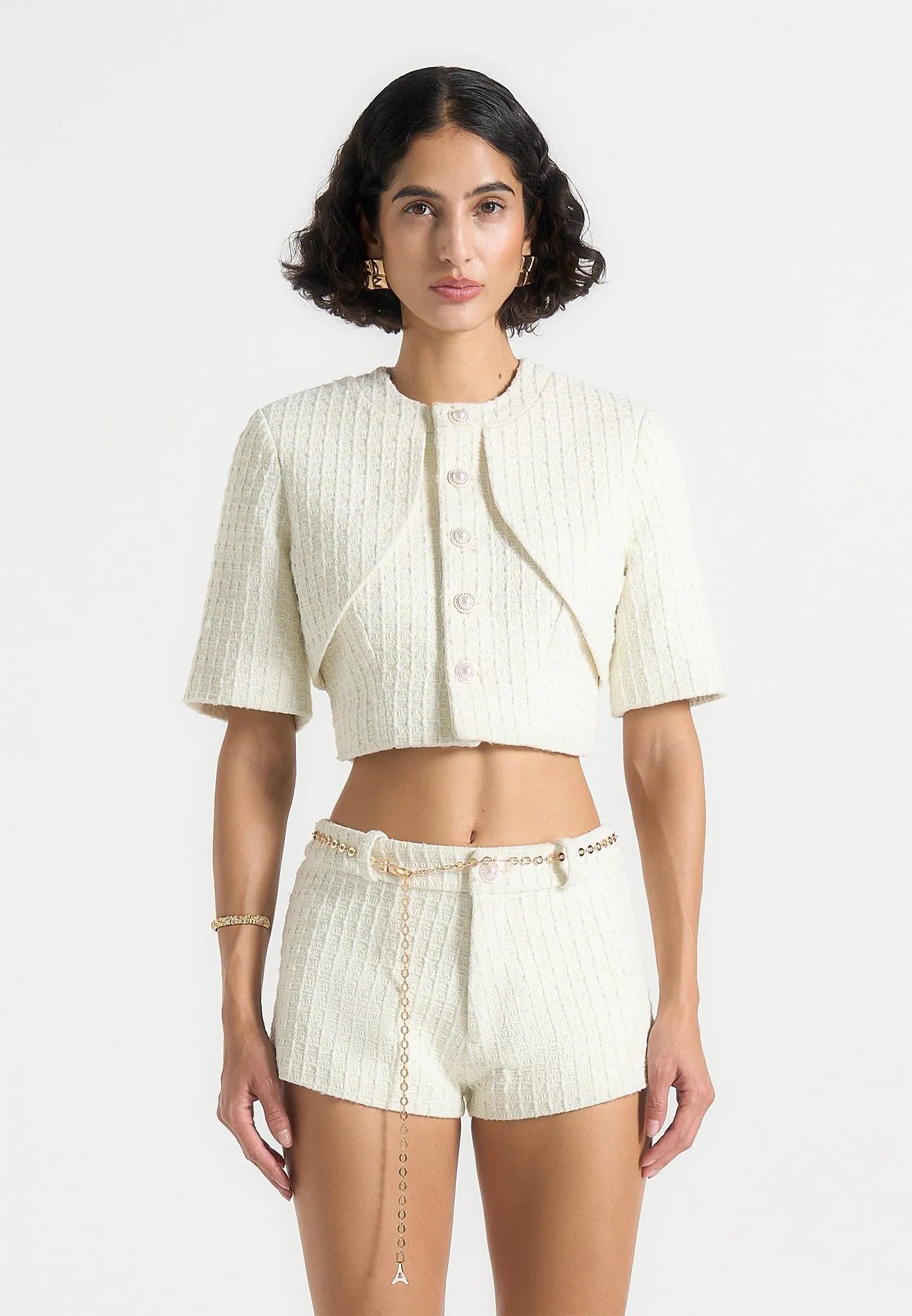 Alba - Tweed Mock Neck Curve Detailing Top - Cream sold by Maniere De Voir product image thumbnail 3