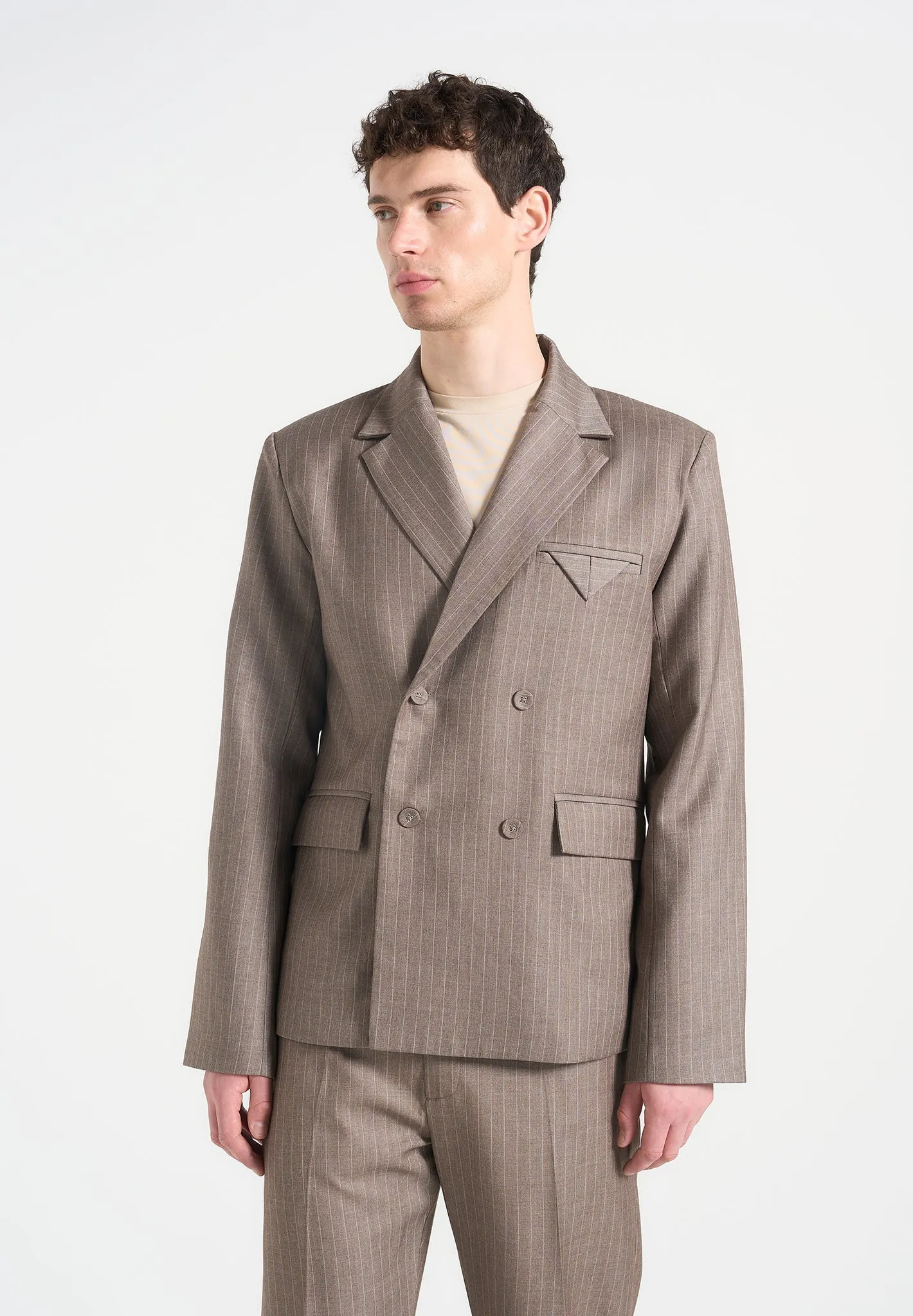 Didier - Double Breasted Pinstripe Suit Blazer - Taupe sold by Maniere De Voir