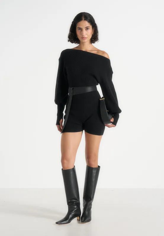 Raya - Off Shoulder Knitted Playsuit With Belt - Black made by Maniere De Voir