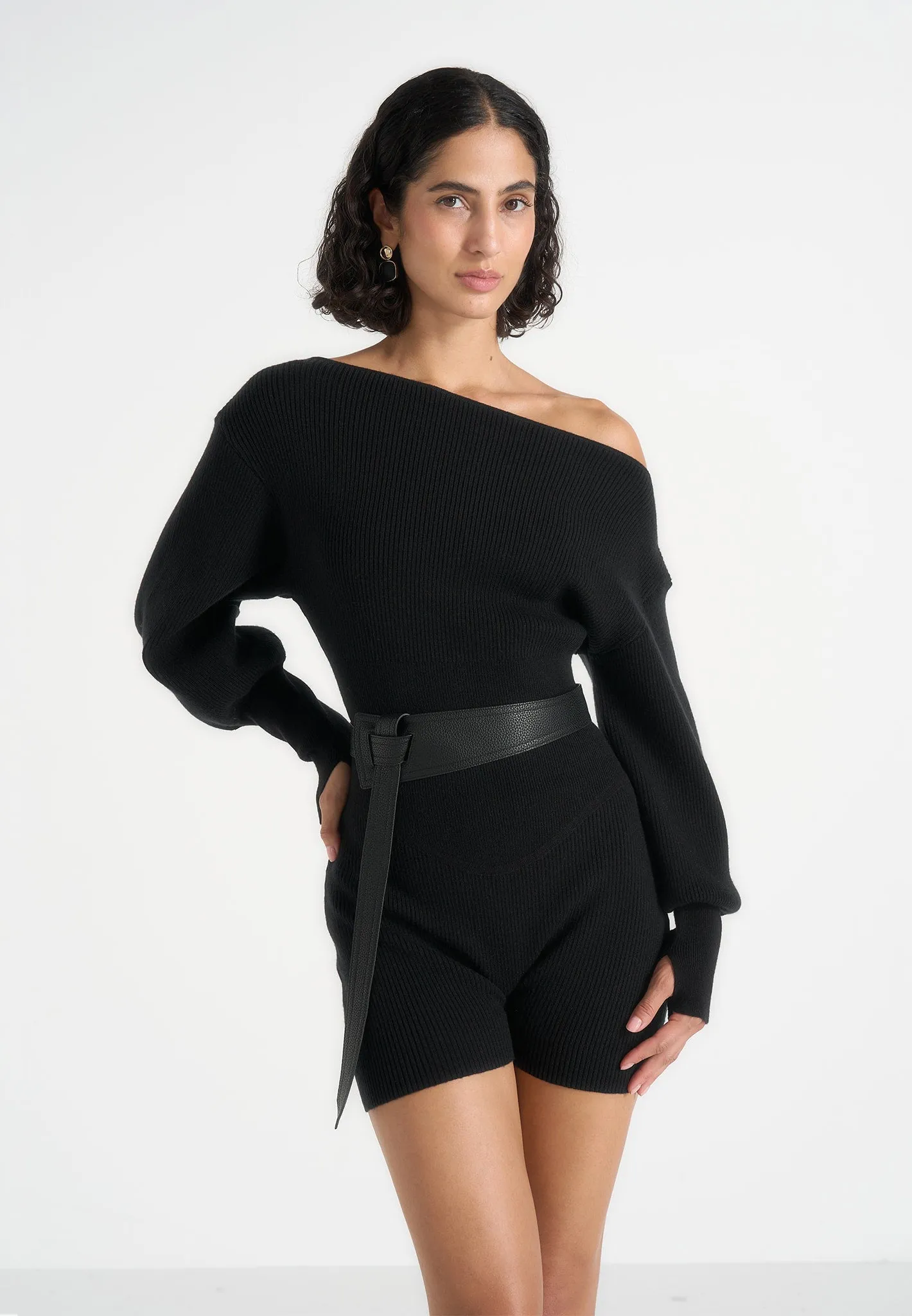 Raya - Off Shoulder Knitted Playsuit With Belt - Black sold by Maniere De Voir product image thumbnail 2