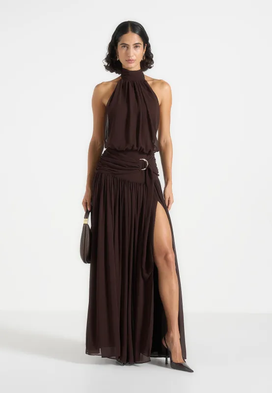 Matilda - Halter Neck Draped Hardware Maxi Dress - Brown made by Maniere De Voir