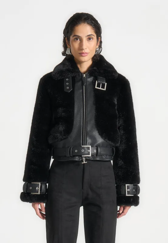 Deya - Plush & Leather Belted Jacket - Black made by Maniere De Voir