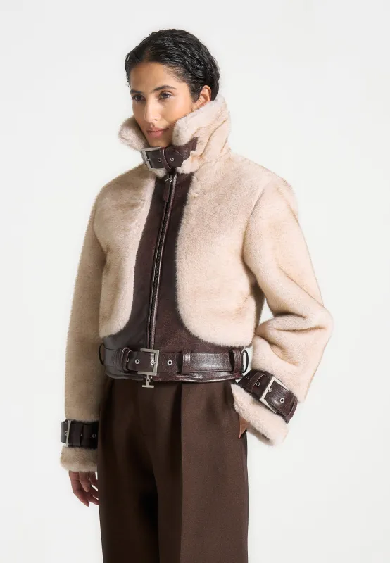 Deya - Plush & Leather Belted Jacket - Beige/Brown made by Maniere De Voir