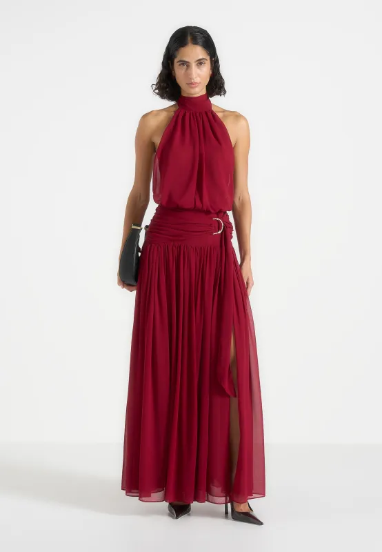 Giselle - Halter Neck Draped Hardware Maxi Dress - Wine Red made by Maniere De Voir