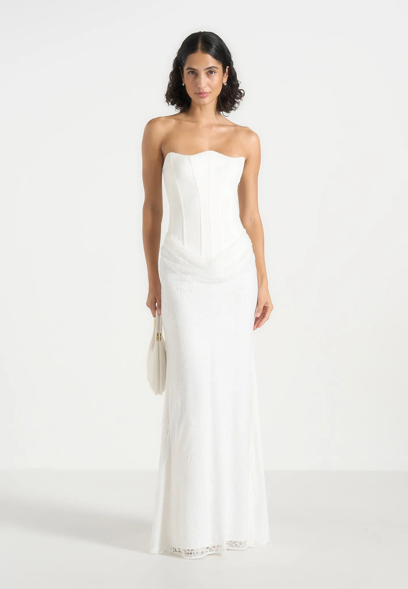 Opal - Satin Corset Cowl Lace Maxi Dress - White sold by Maniere De Voir