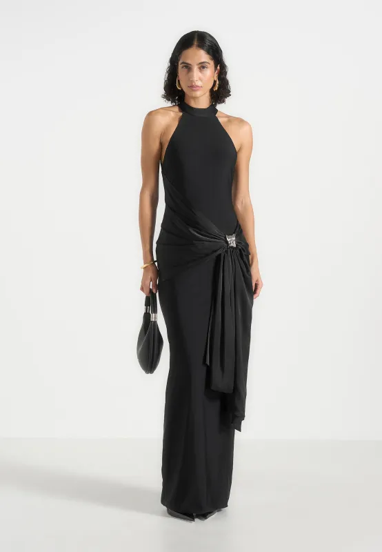 Willow - Halter Neck Clasp Detail Satin Sash Maxi Dress - Black made by Maniere De Voir