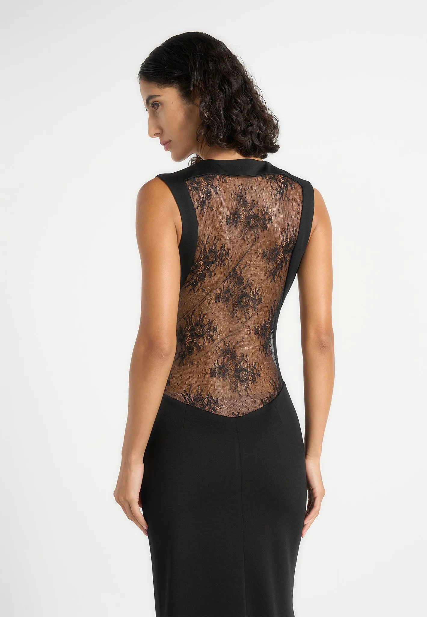 Georgina - V-Neck Chantilly Lace Back Maxi Dress - Black sold by Maniere De Voir product image thumbnail 5