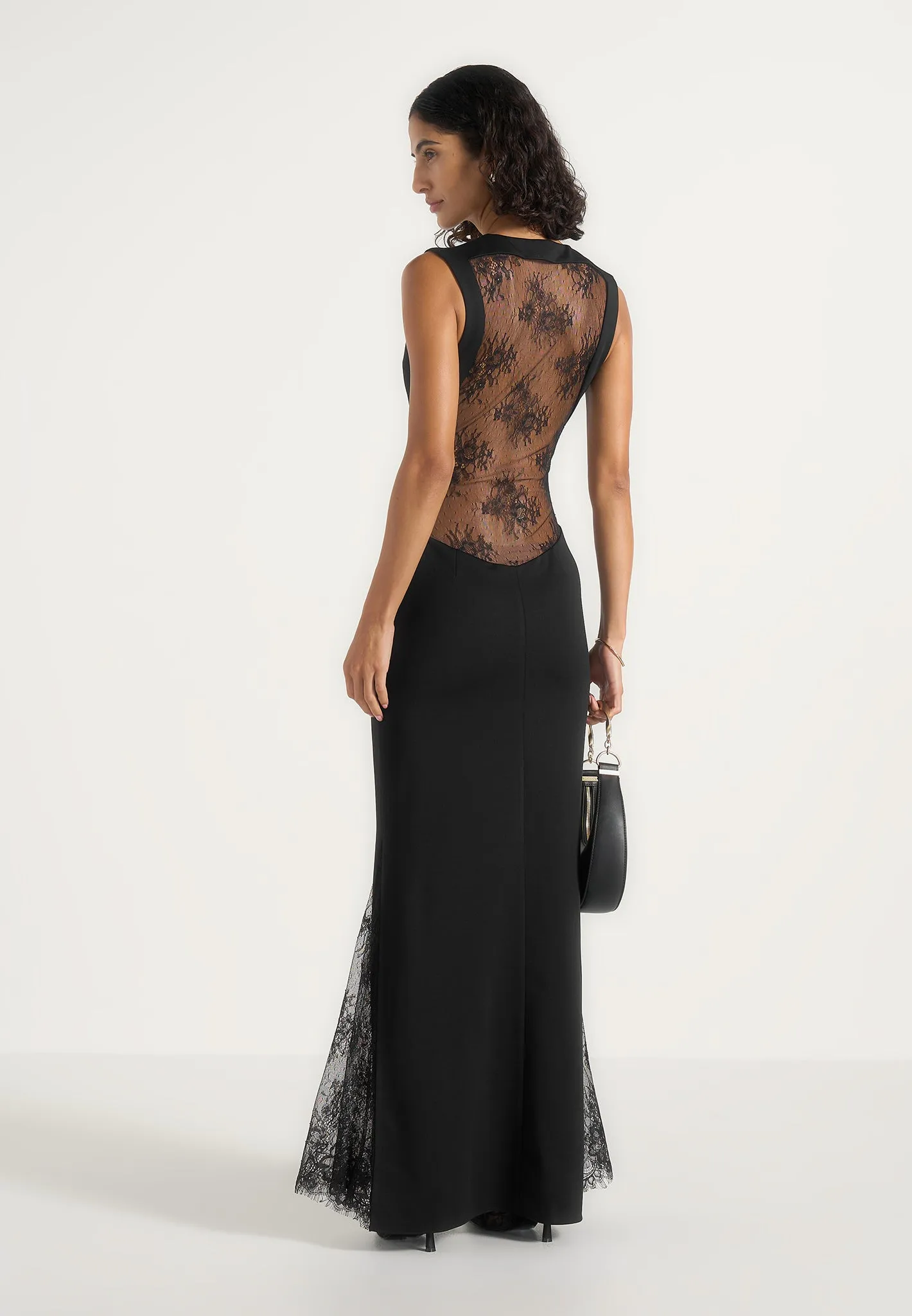 Georgina - V-Neck Chantilly Lace Back Maxi Dress - Black sold by Maniere De Voir