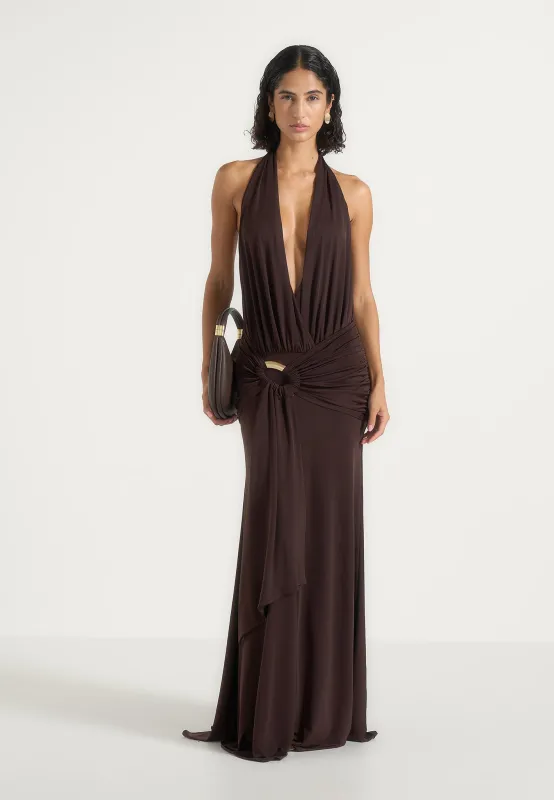 Ida - Plunge Halter Draped Hardware Maxi Dress - Brown made by Maniere De Voir