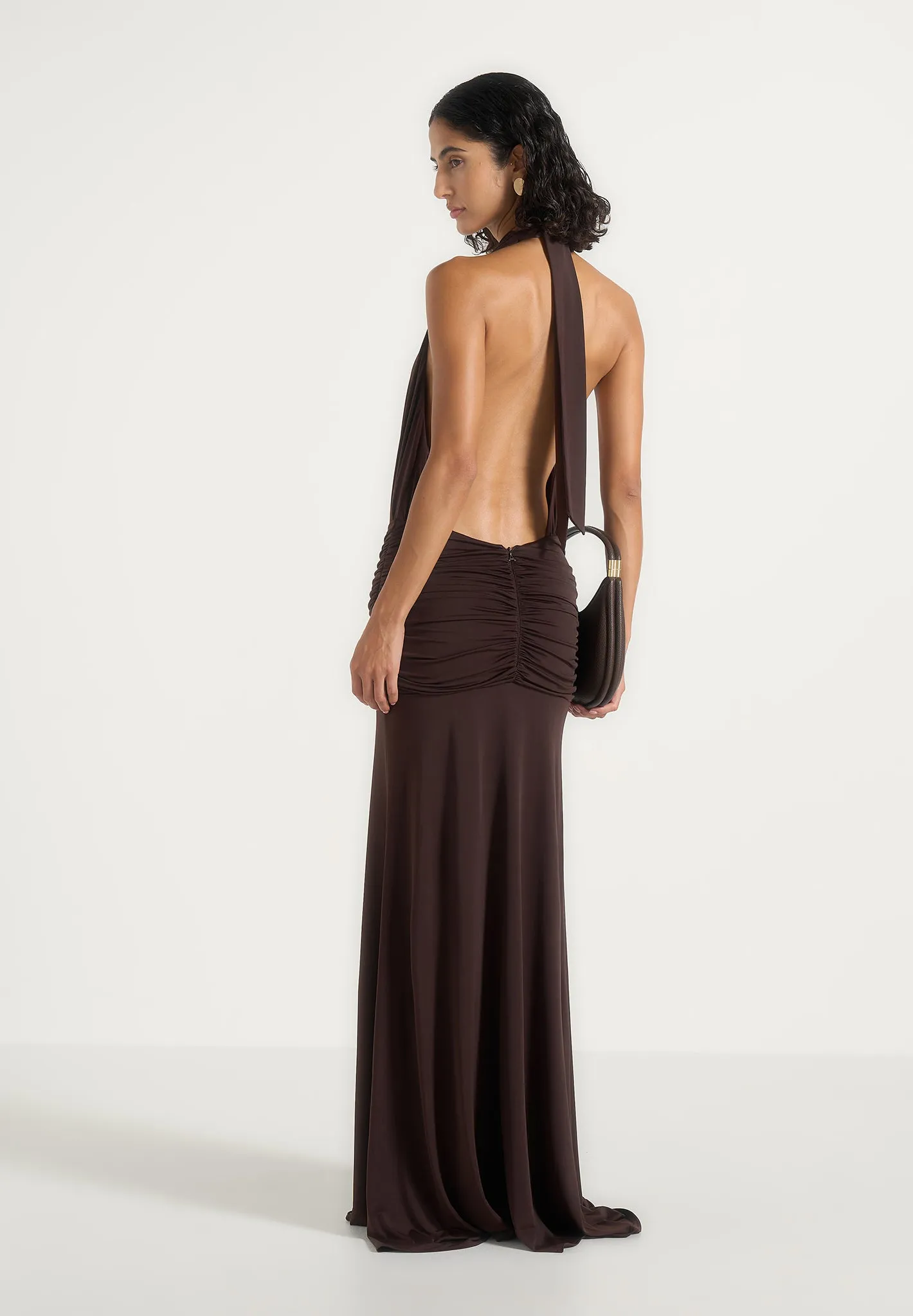 Ida - Plunge Halter Draped Hardware Maxi Dress - Brown sold by Maniere De Voir product image thumbnail 2