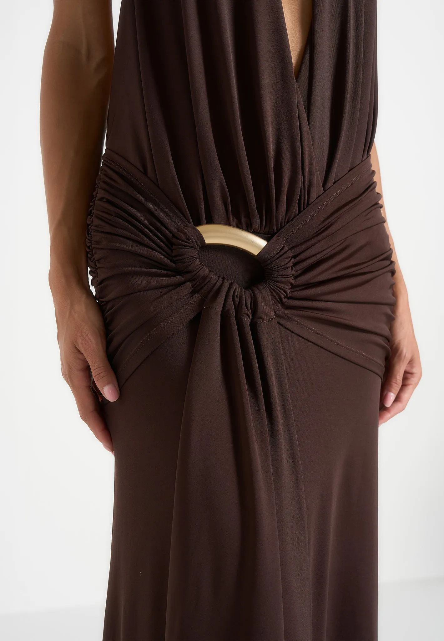 Ida - Plunge Halter Draped Hardware Maxi Dress - Brown sold by Maniere De Voir product image thumbnail 5