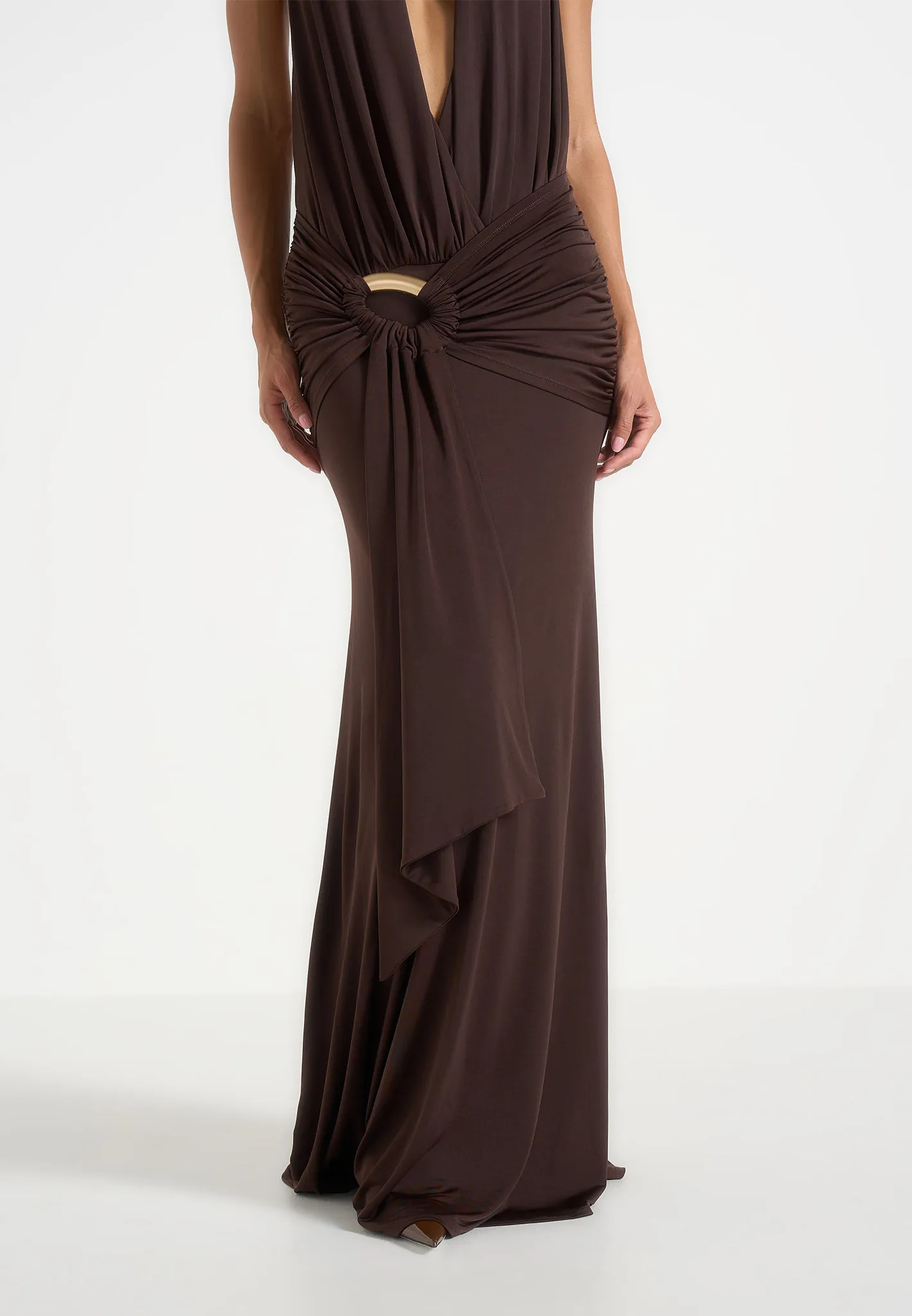 Ida - Plunge Halter Draped Hardware Maxi Dress - Brown sold by Maniere De Voir product image thumbnail 4