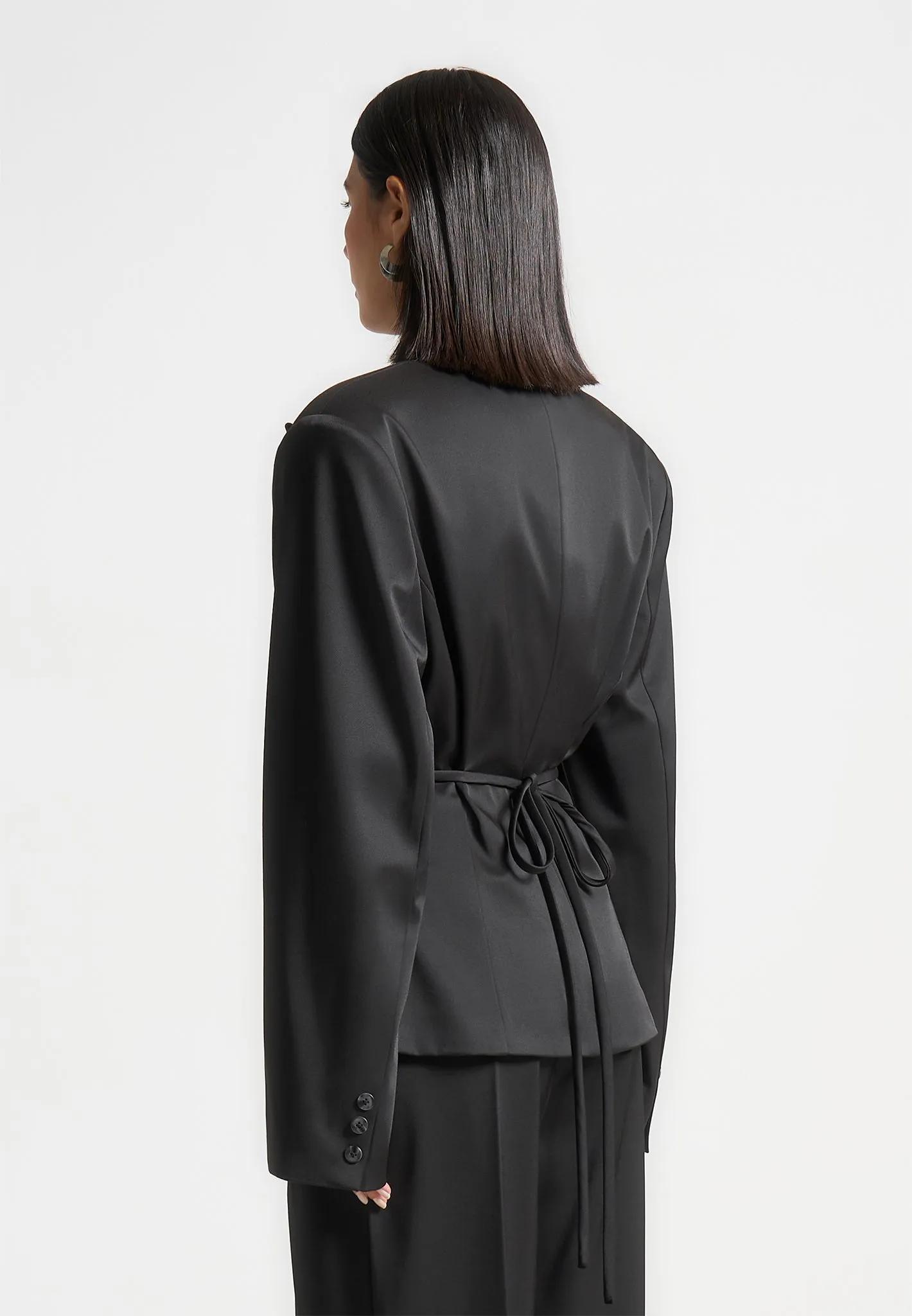 Wide Shoulder Sateen Blazer with Twin Belt - Black sold by Maniere De Voir product image thumbnail 3