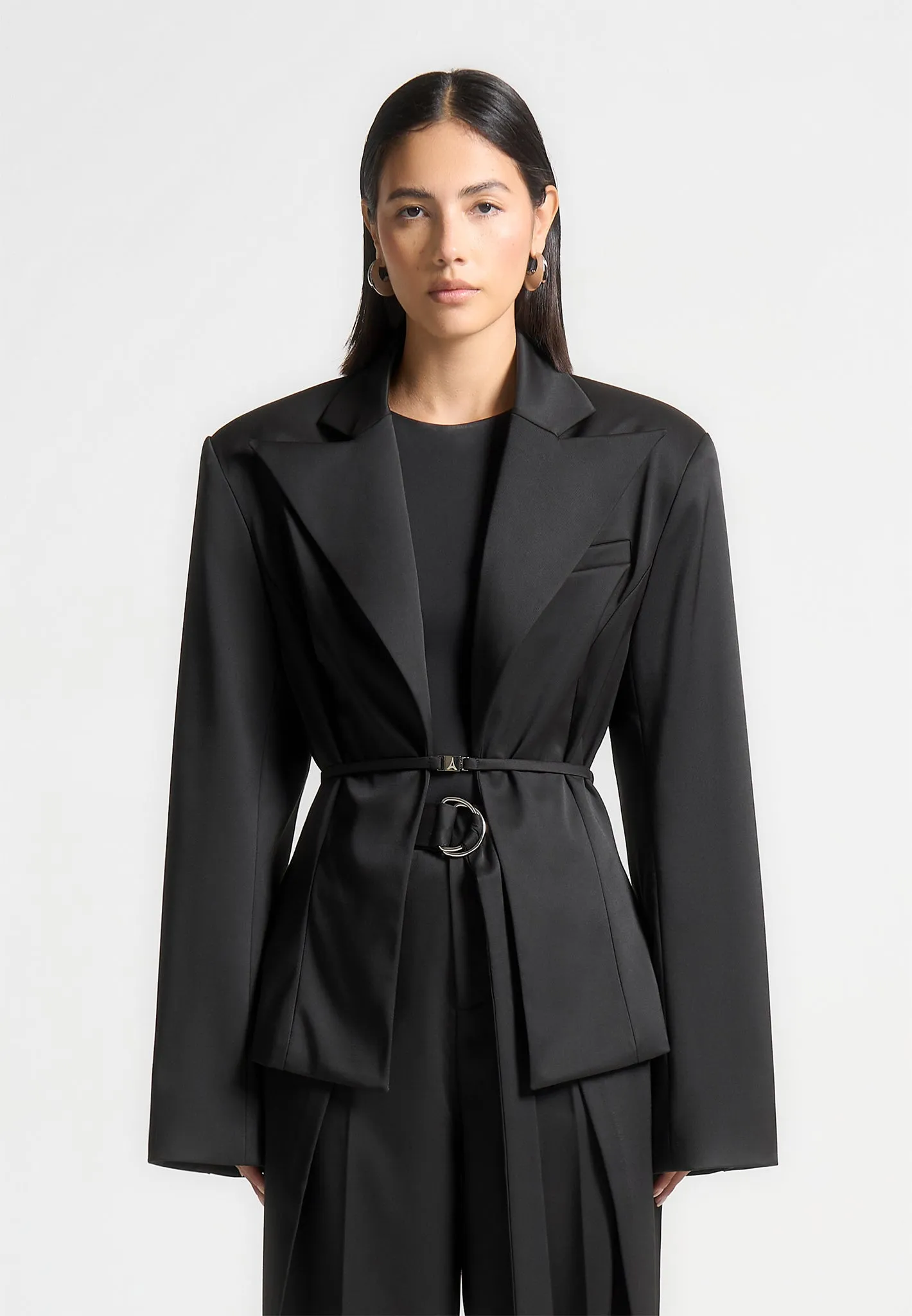 Wide Shoulder Sateen Blazer with Twin Belt - Black sold by Maniere De Voir product image thumbnail 4