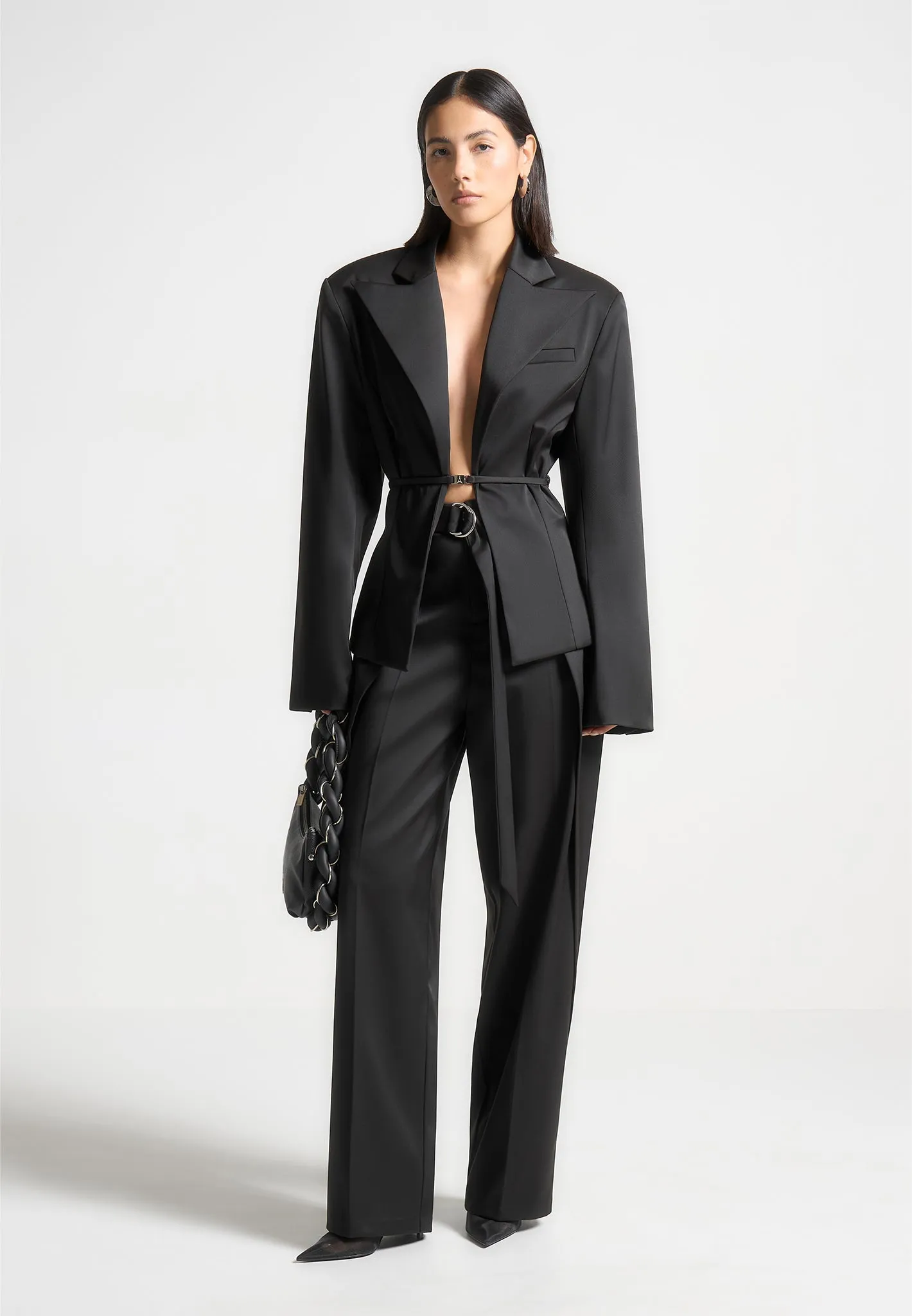 Wide Shoulder Sateen Blazer with Twin Belt - Black sold by Maniere De Voir