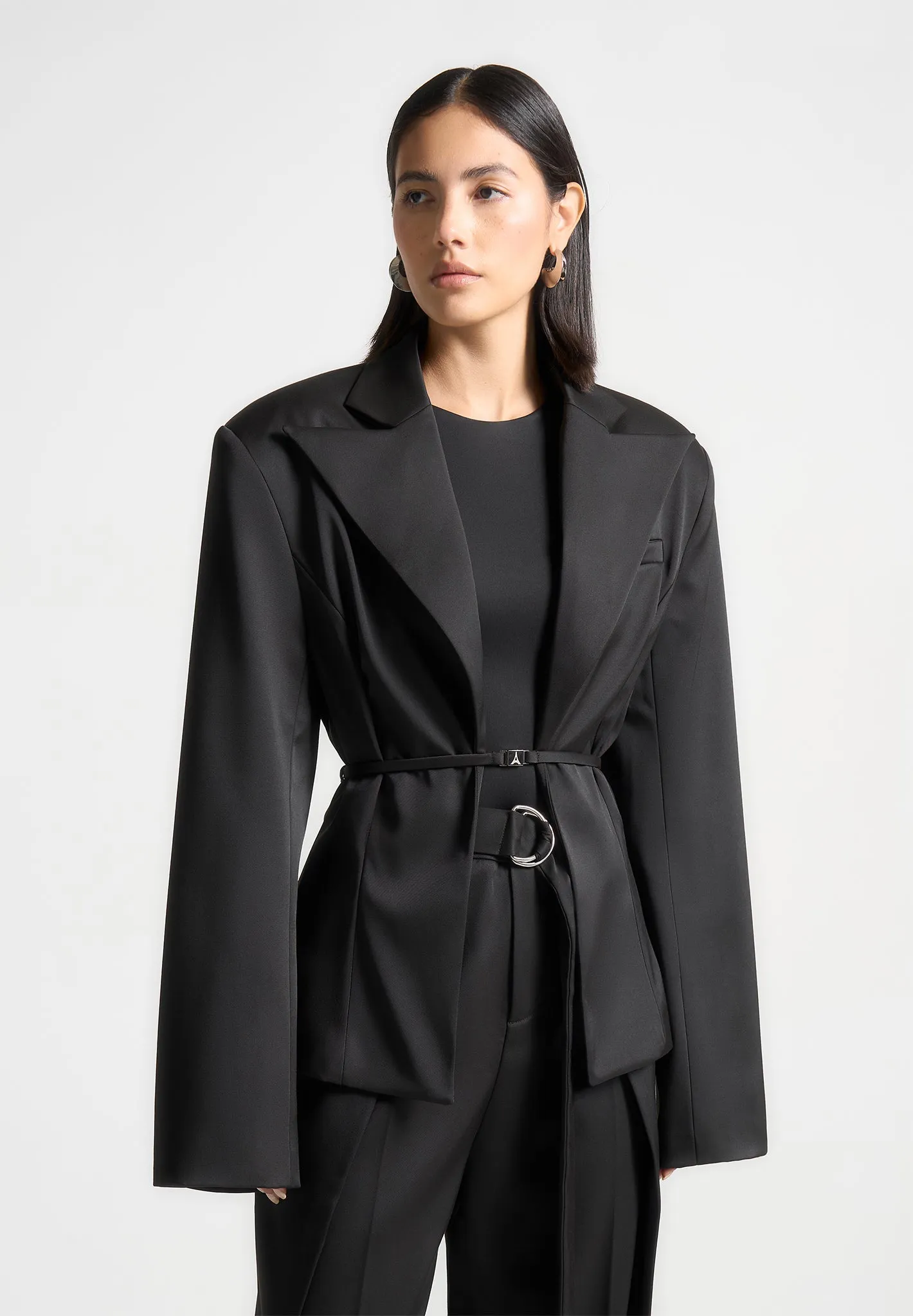 Wide Shoulder Sateen Blazer with Twin Belt - Black sold by Maniere De Voir product image thumbnail 2