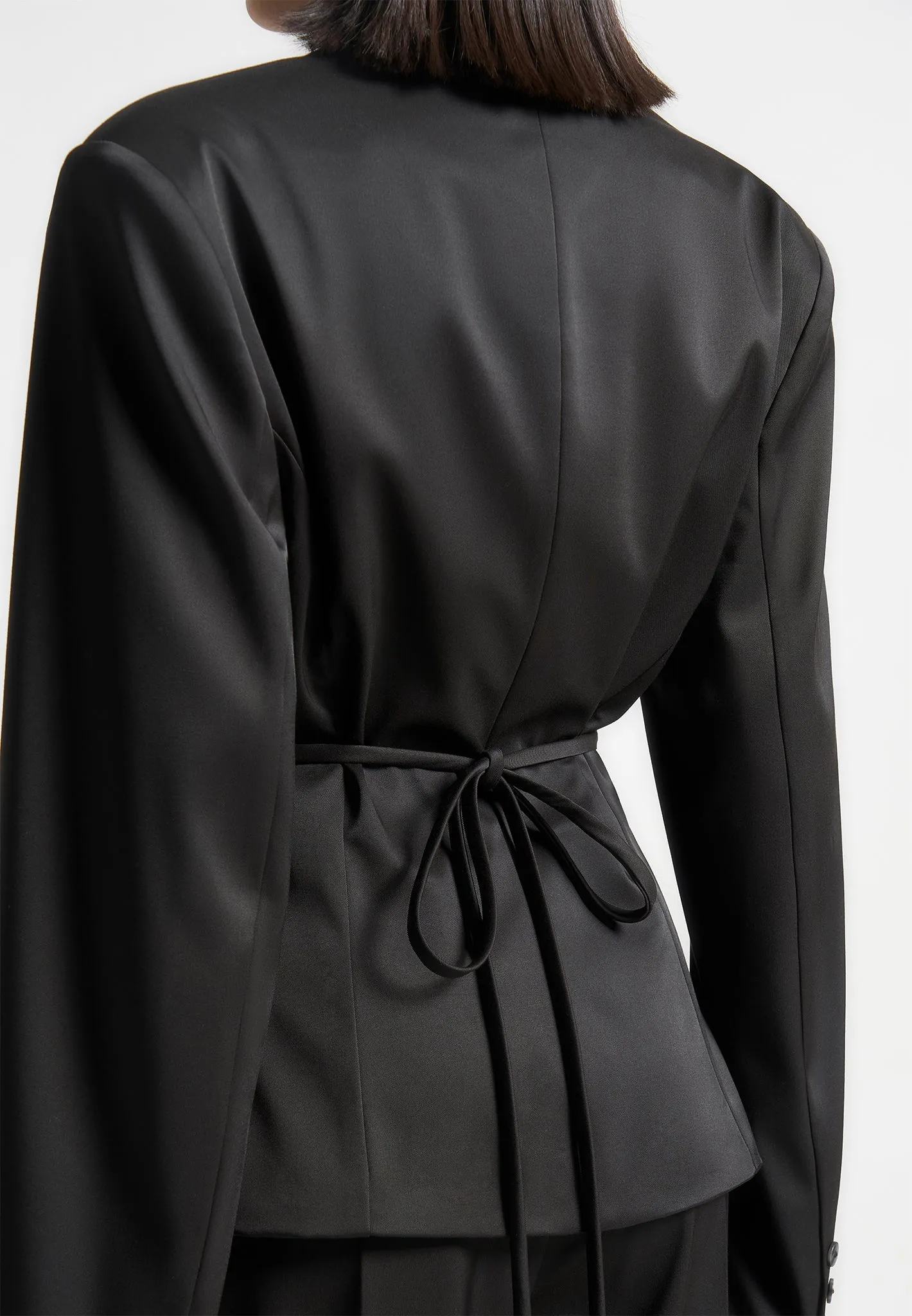 Wide Shoulder Sateen Blazer with Twin Belt - Black sold by Maniere De Voir product image thumbnail 5