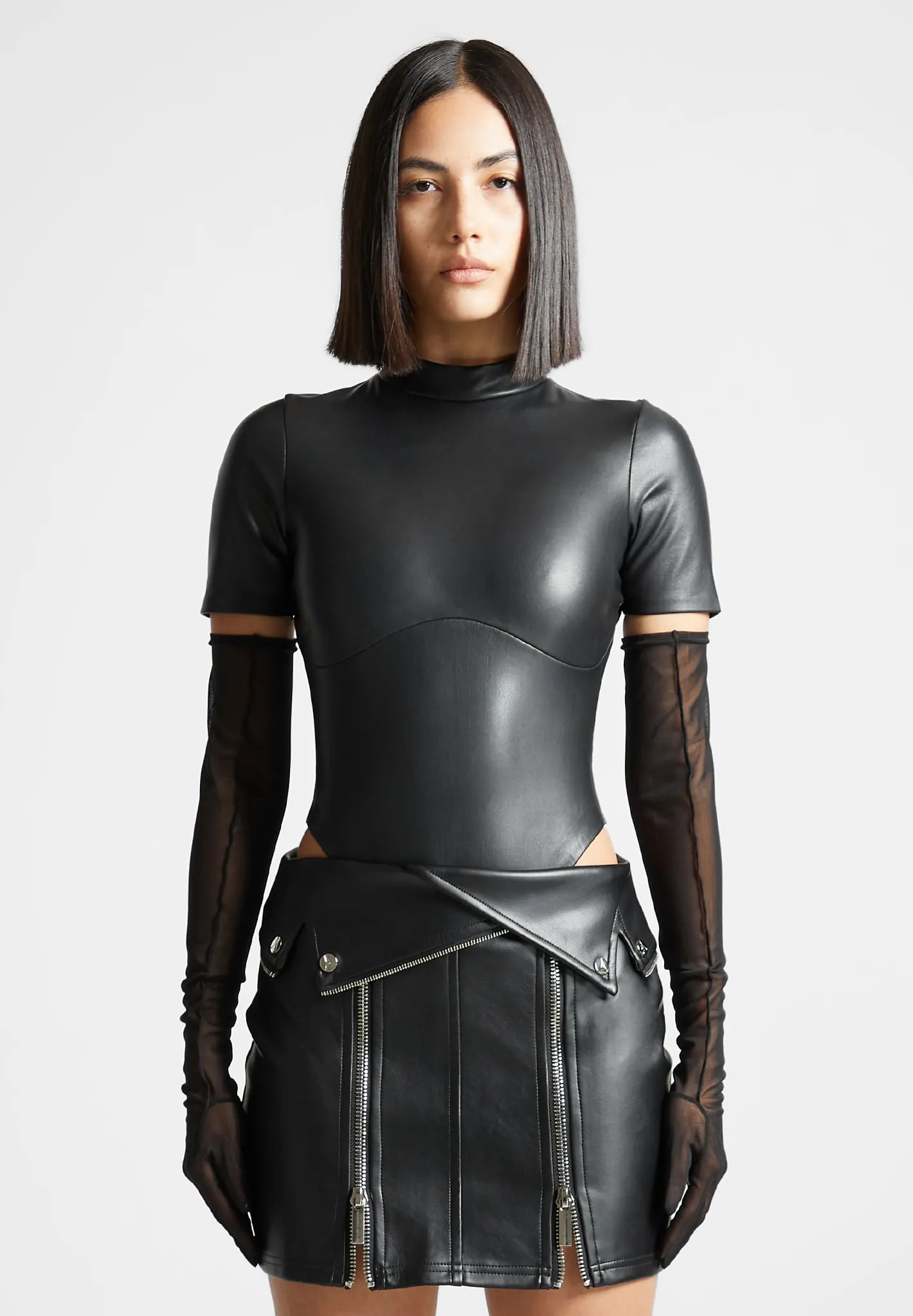 Leather Bodysuit with Mesh Gloves - Black sold by Maniere De Voir product image thumbnail 3