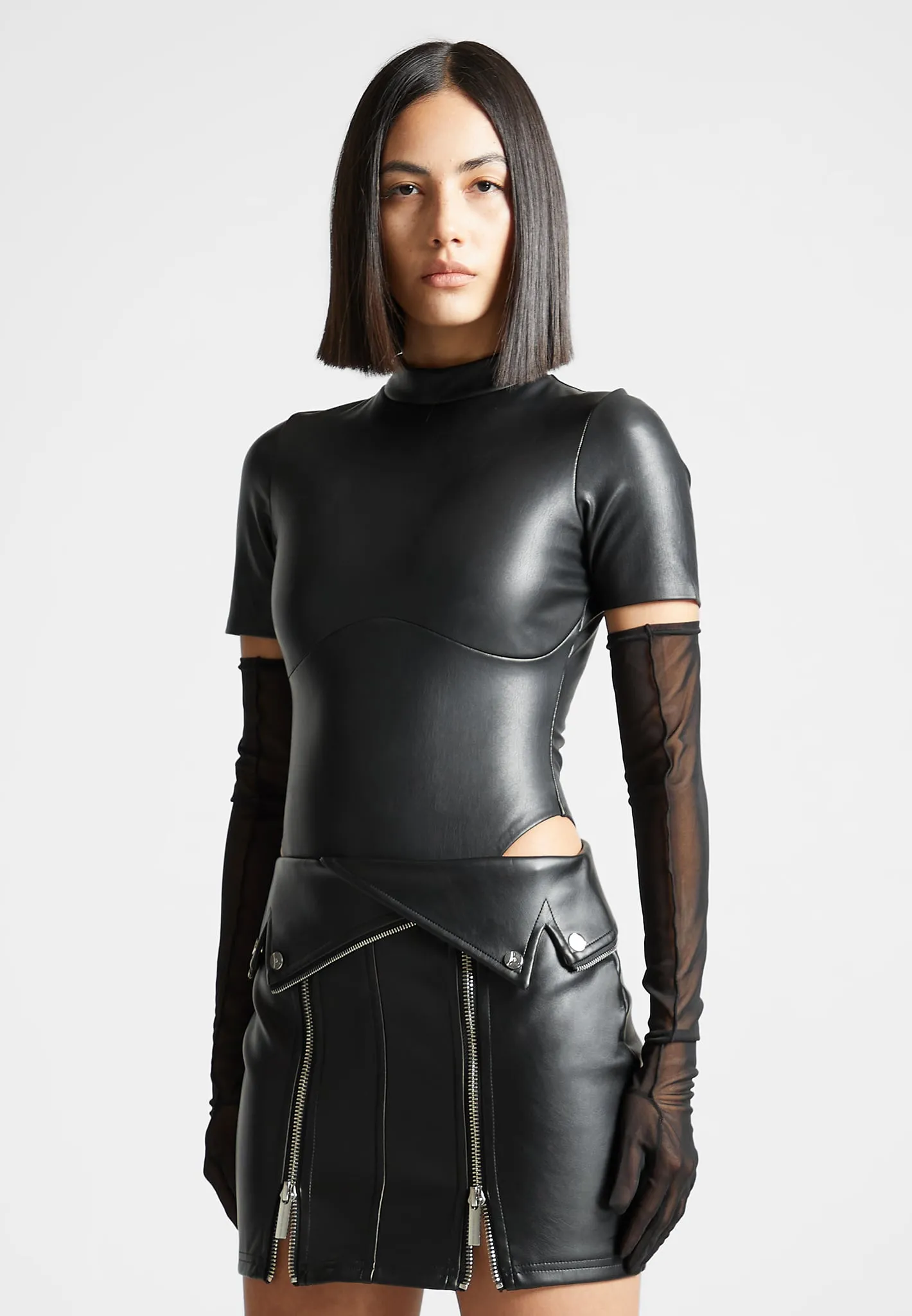 Leather Bodysuit with Mesh Gloves - Black sold by Maniere De Voir product image thumbnail 5