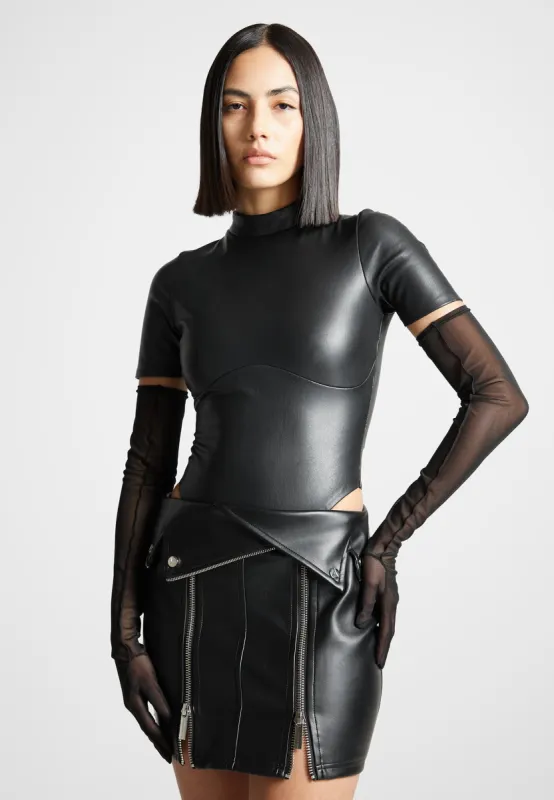 Leather Bodysuit with Mesh Gloves - Black sold by Maniere De Voir