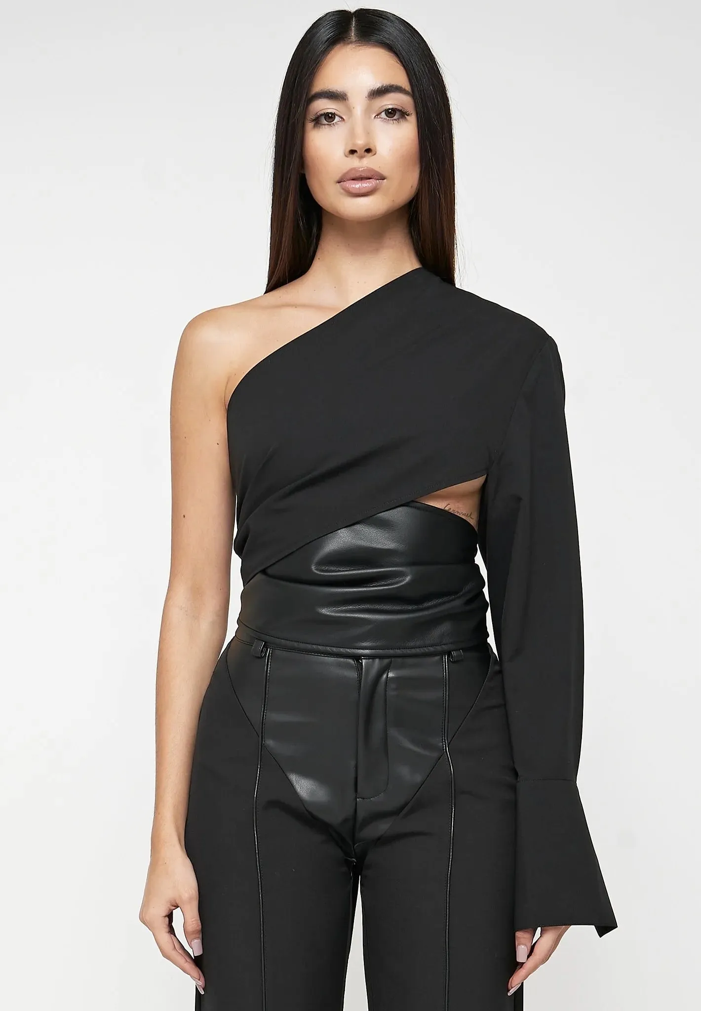One Sleeve Leather Wrap Top - Black sold by Maniere De Voir