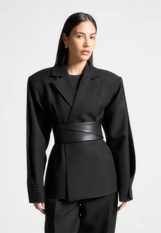 Marie - Twist Sleeve Tailored Blazer with Belt - Black sold by Maniere De Voir