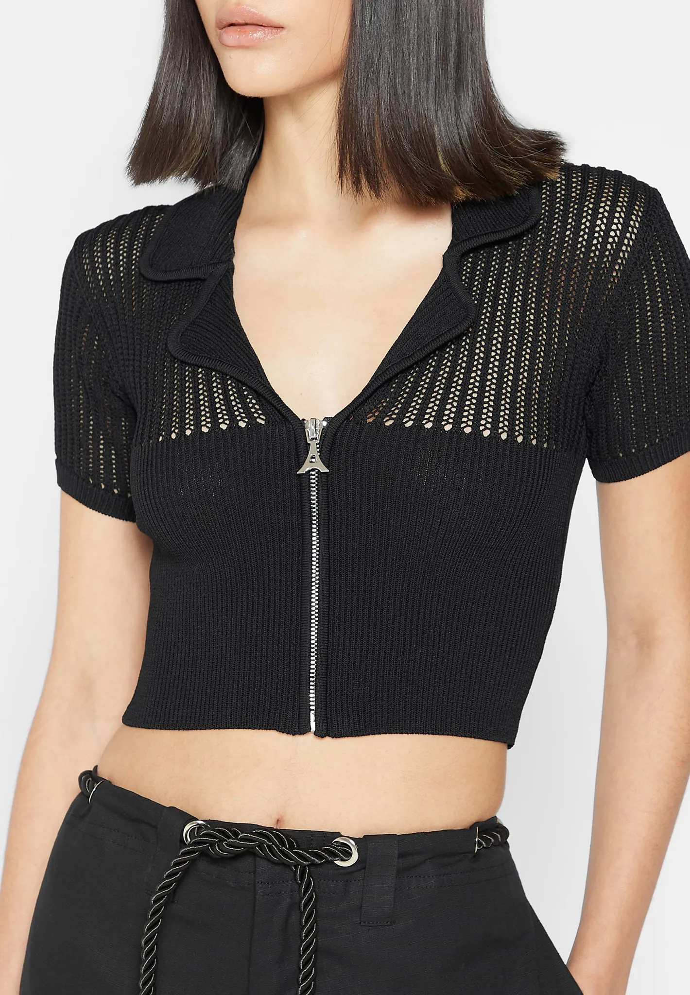 Zip Front Knitted Crop Top - Black sold by Maniere De Voir product image thumbnail 5