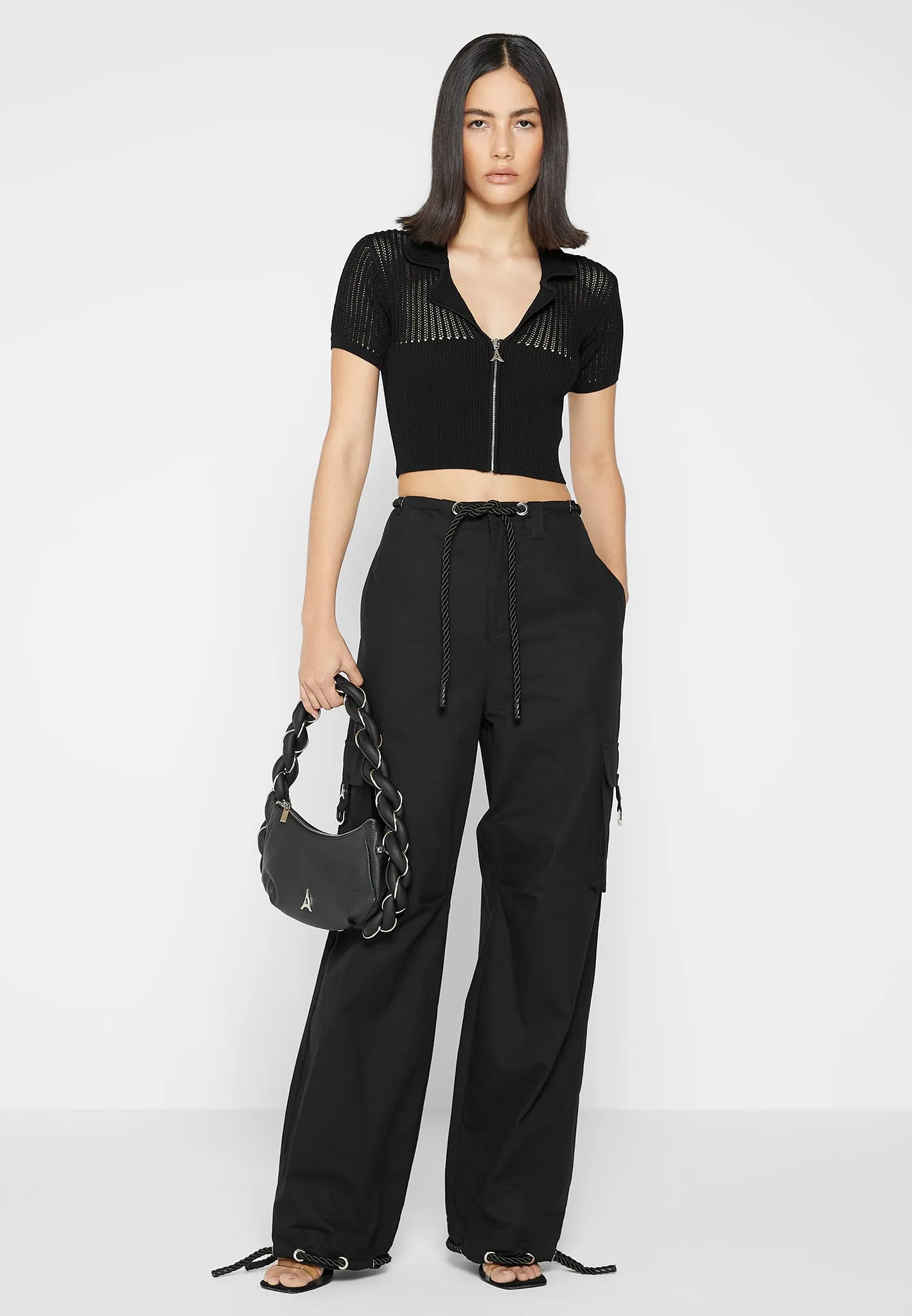 Zip Front Knitted Crop Top - Black sold by Maniere De Voir product image thumbnail 2